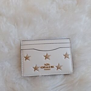 Coach Chalk Gold Star Print Leather Mini Skinny ID Card Case Holder Wallet NEW!!